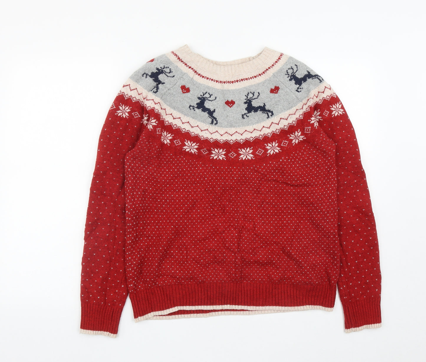 Fat Face Womens Red Round Neck Geometric Cotton Pullover Jumper Size 10   - Christmas Rudolph