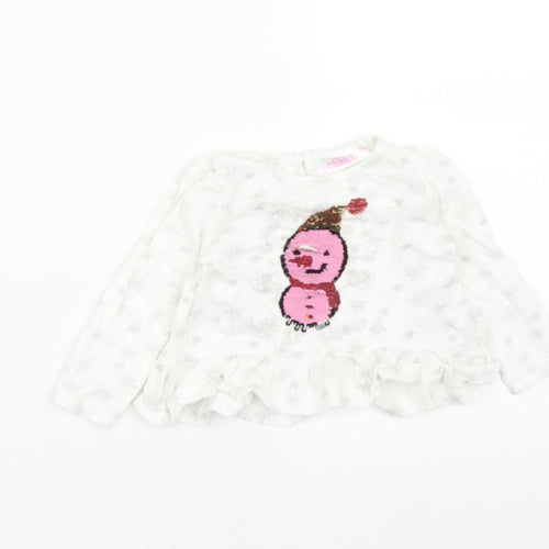 So cute Girls White  Cotton Basic Casual Size 3-6 Months Round Neck Button - Christmas Snow Man