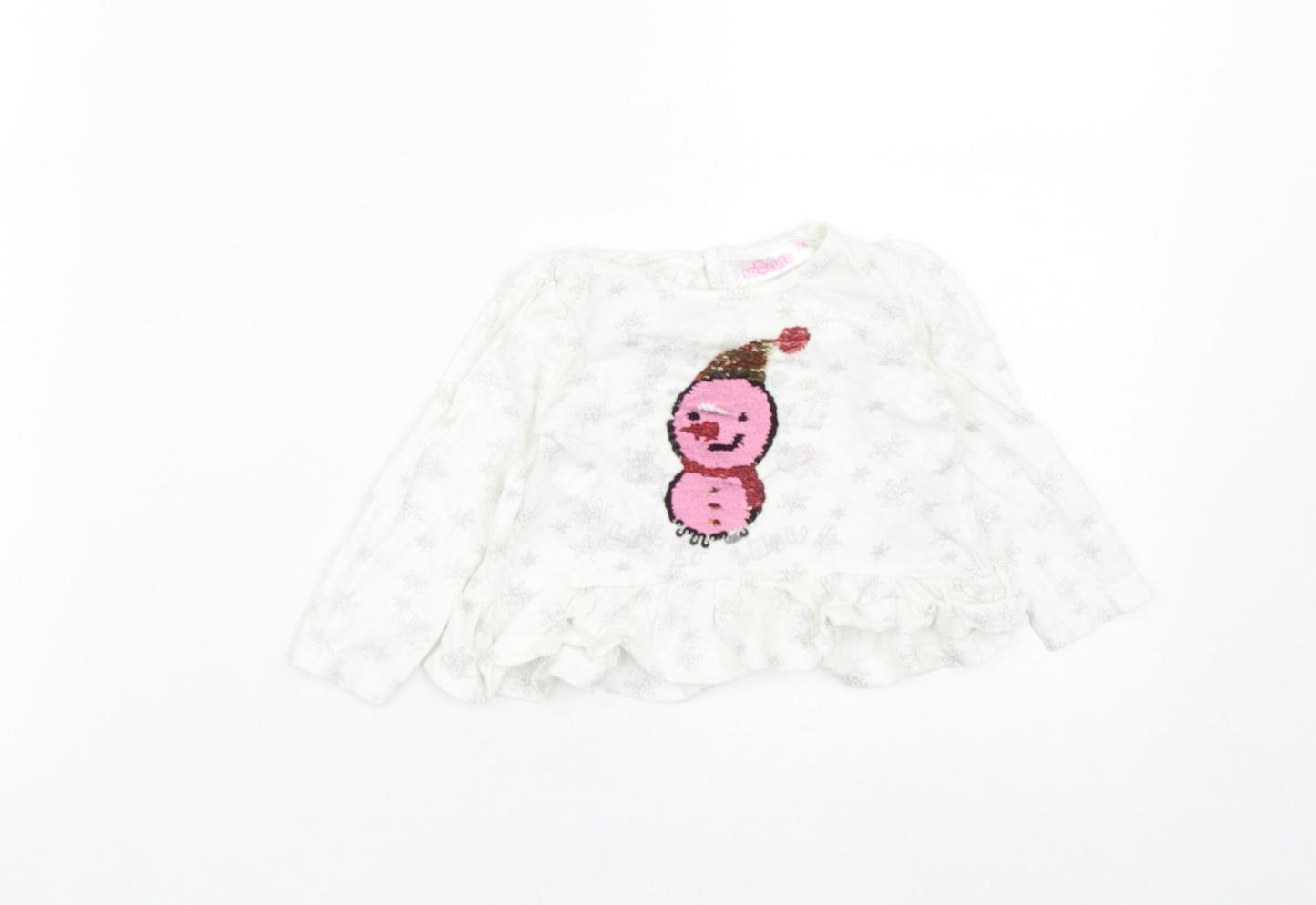 So cute Girls White  Cotton Basic Casual Size 3-6 Months Round Neck Button - Christmas Snow Man