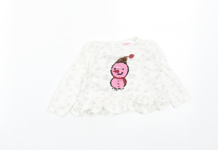 So cute Girls White  Cotton Basic Casual Size 3-6 Months Round Neck Button - Christmas Snow Man