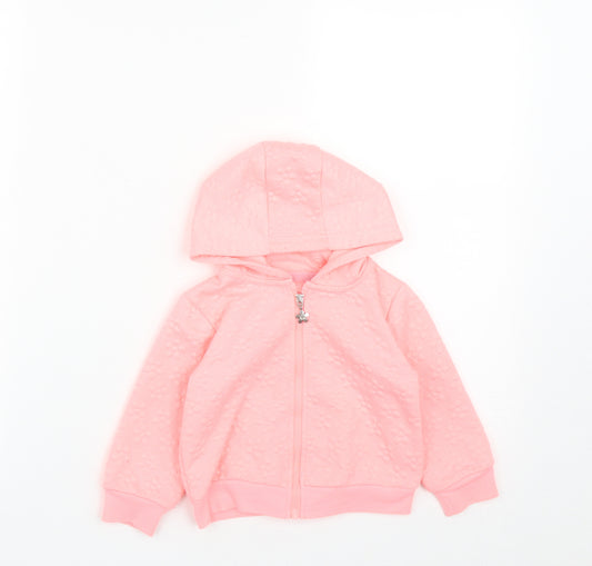 Front view of Dunnes Stores girls’ pink polyester full zip jumper, size 12-18, months zip - flower detail