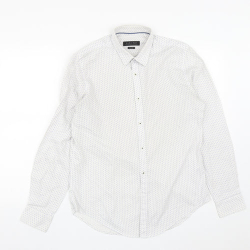 Zara Mens White Geometric Polyester  Button-Up Size L Collared Button