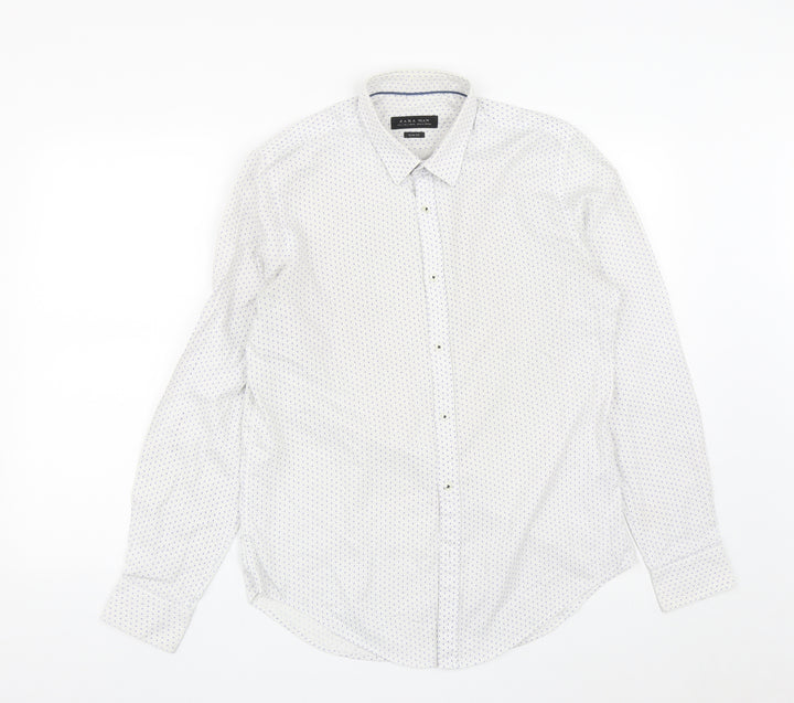 Zara Mens White Geometric Polyester  Button-Up Size L Collared Button