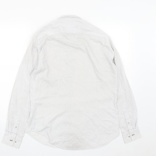 Zara Mens White Geometric Polyester  Button-Up Size L Collared Button