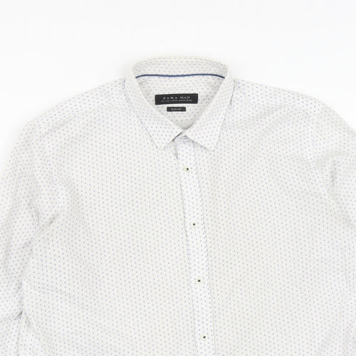 Zara Mens White Geometric Polyester  Button-Up Size L Collared Button