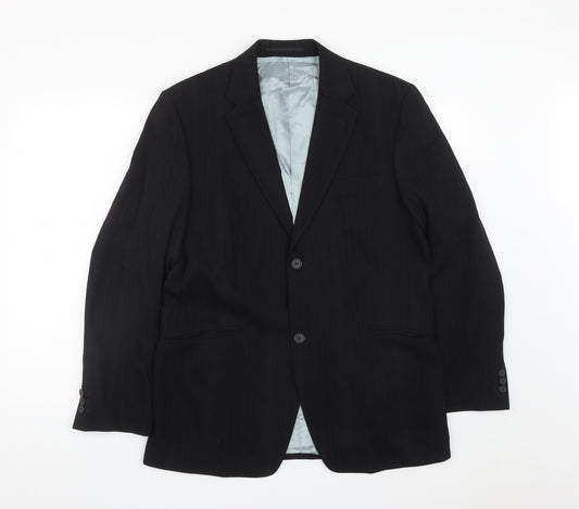 Front view of George men’s black striped polyester jacket suit jacket, size 40