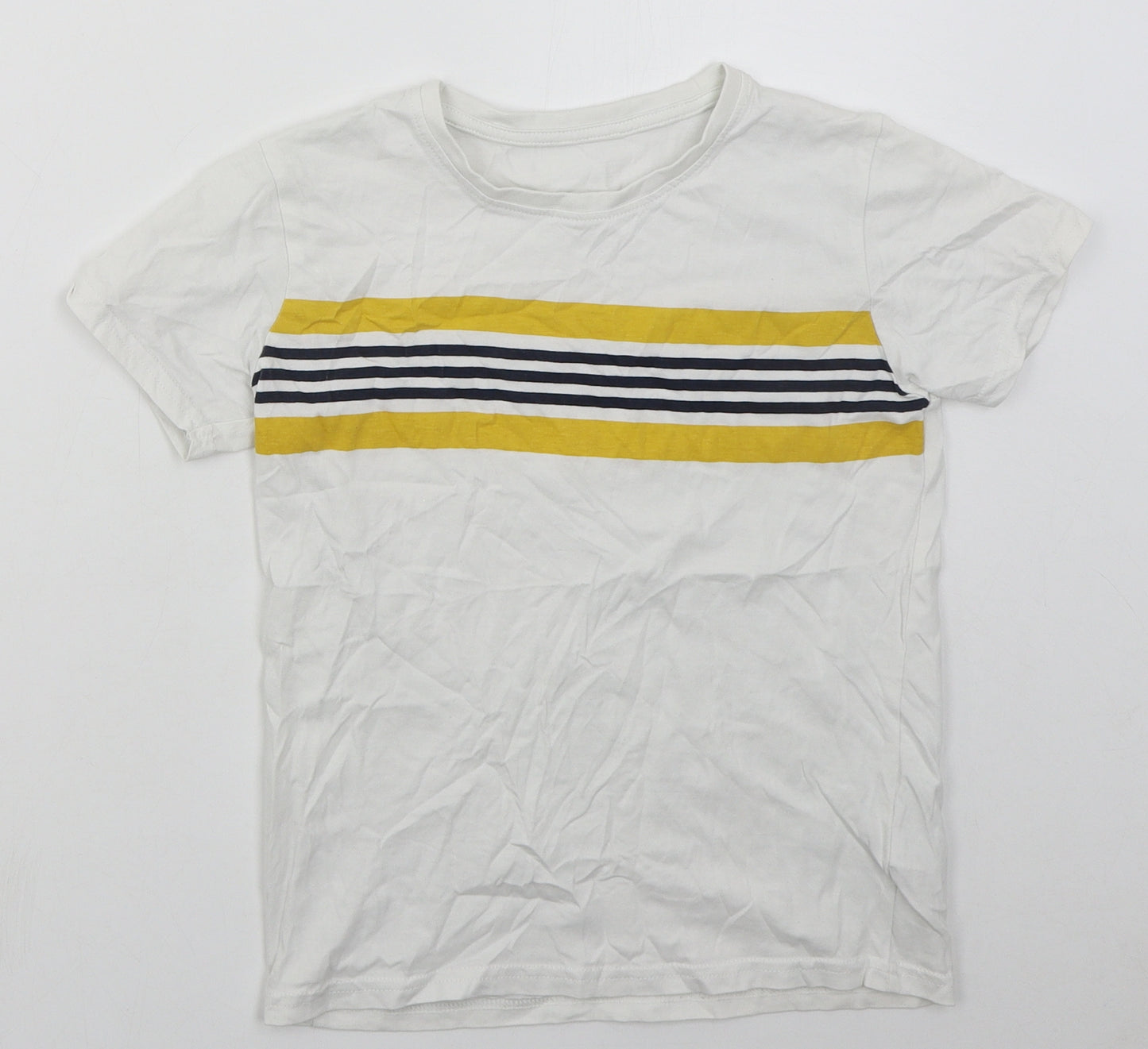 Dunnes Boys White Striped Cotton Basic T-Shirt Size 9 Years Crew Neck Pullover - Yellow