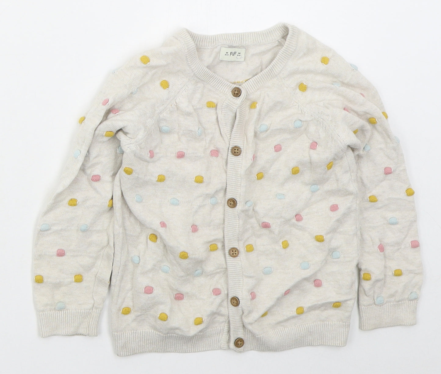 F&F Girls Beige Crew Neck Polka Dot Cotton Cardigan Jumper Size 3-4 Years  Button