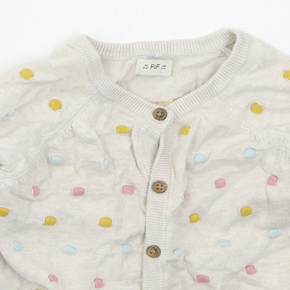F&F Girls Beige Crew Neck Polka Dot Cotton Cardigan Jumper Size 3-4 Years  Button
