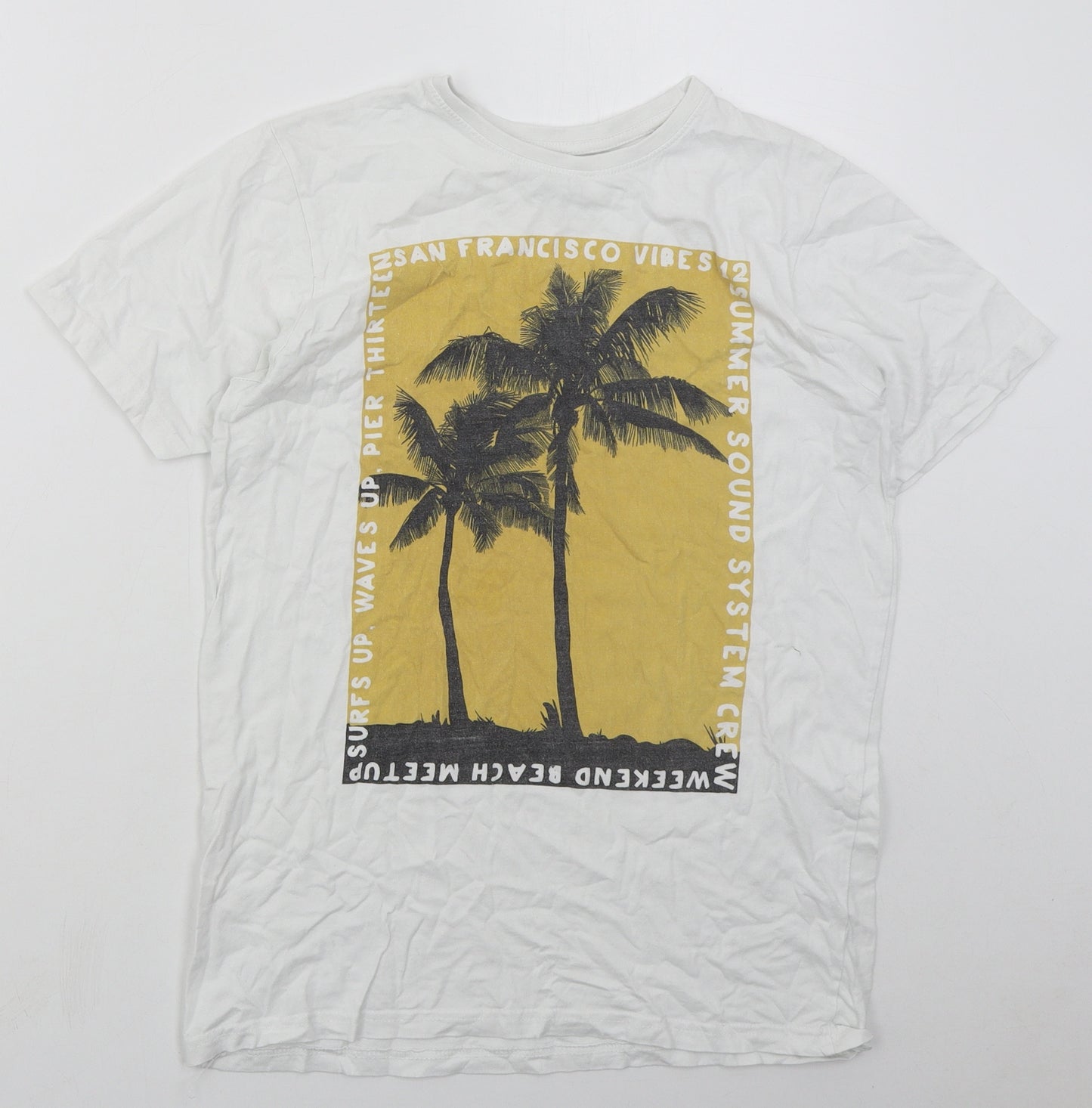 Primark Boys White  Cotton Basic T-Shirt Size 12-13 Years Crew Neck Pullover - Beach Palm Trees