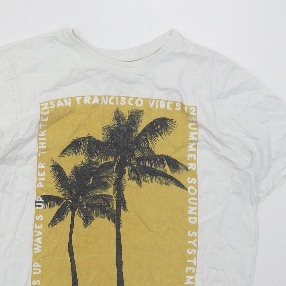 Primark Boys White  Cotton Basic T-Shirt Size 12-13 Years Crew Neck Pullover - Beach Palm Trees