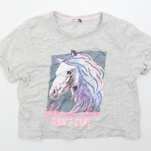 Pep&co Girls Grey  Cotton Cropped T-Shirt Size 9-10 Years Crew Neck Pullover - Unicorn Hair Don't Care