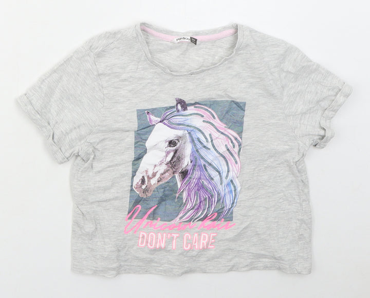 Pep&co Girls Grey  Cotton Cropped T-Shirt Size 9-10 Years Crew Neck Pullover - Unicorn Hair Don't Care