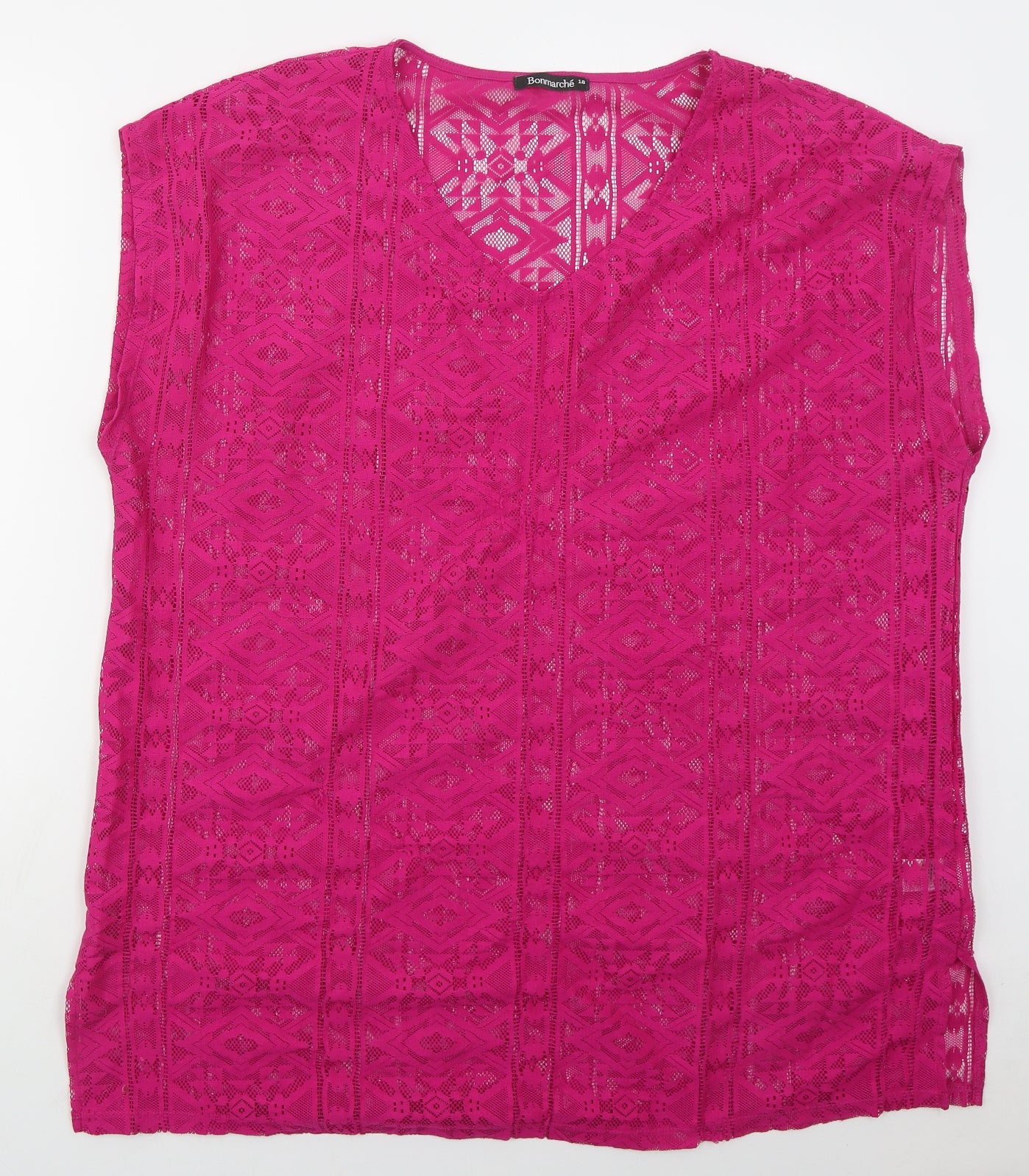 Bonmarché Womens Pink Geometric Polyester Basic T-Shirt Size 18 V-Neck