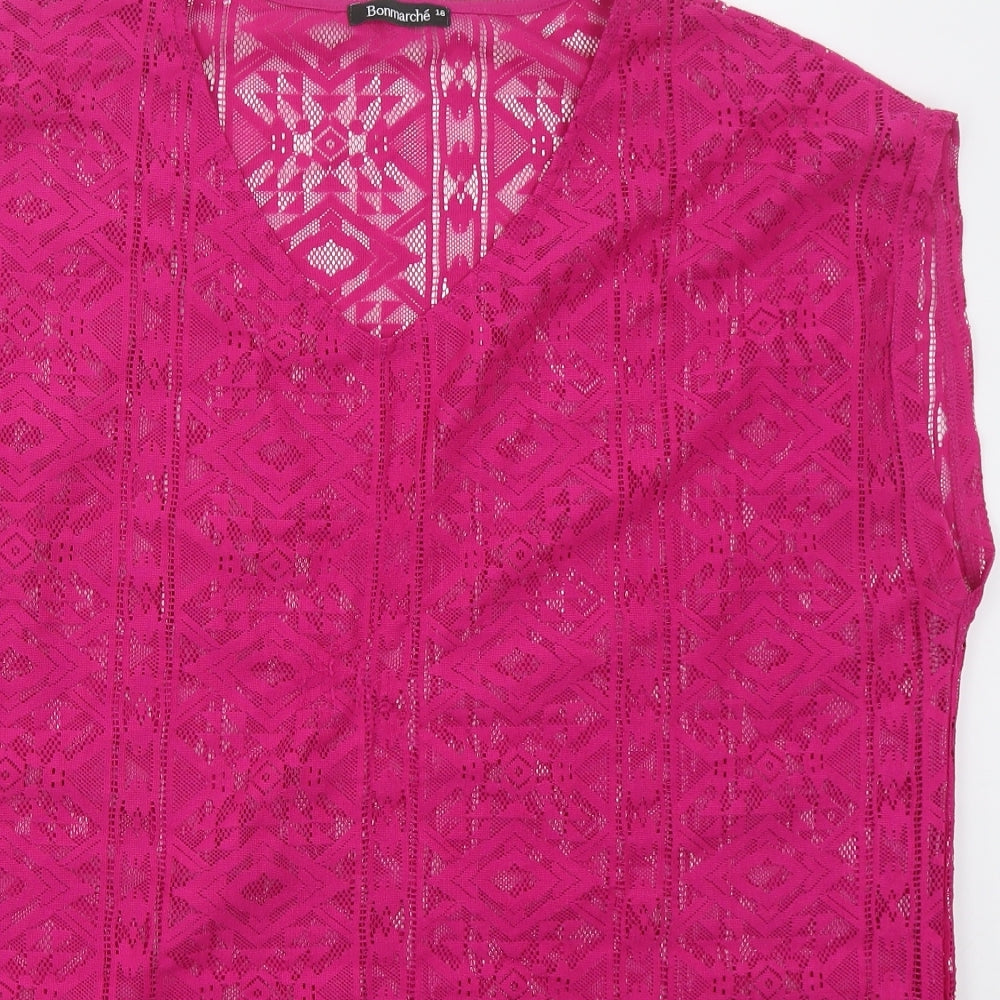 Bonmarché Womens Pink Geometric Polyester Basic T-Shirt Size 18 V-Neck