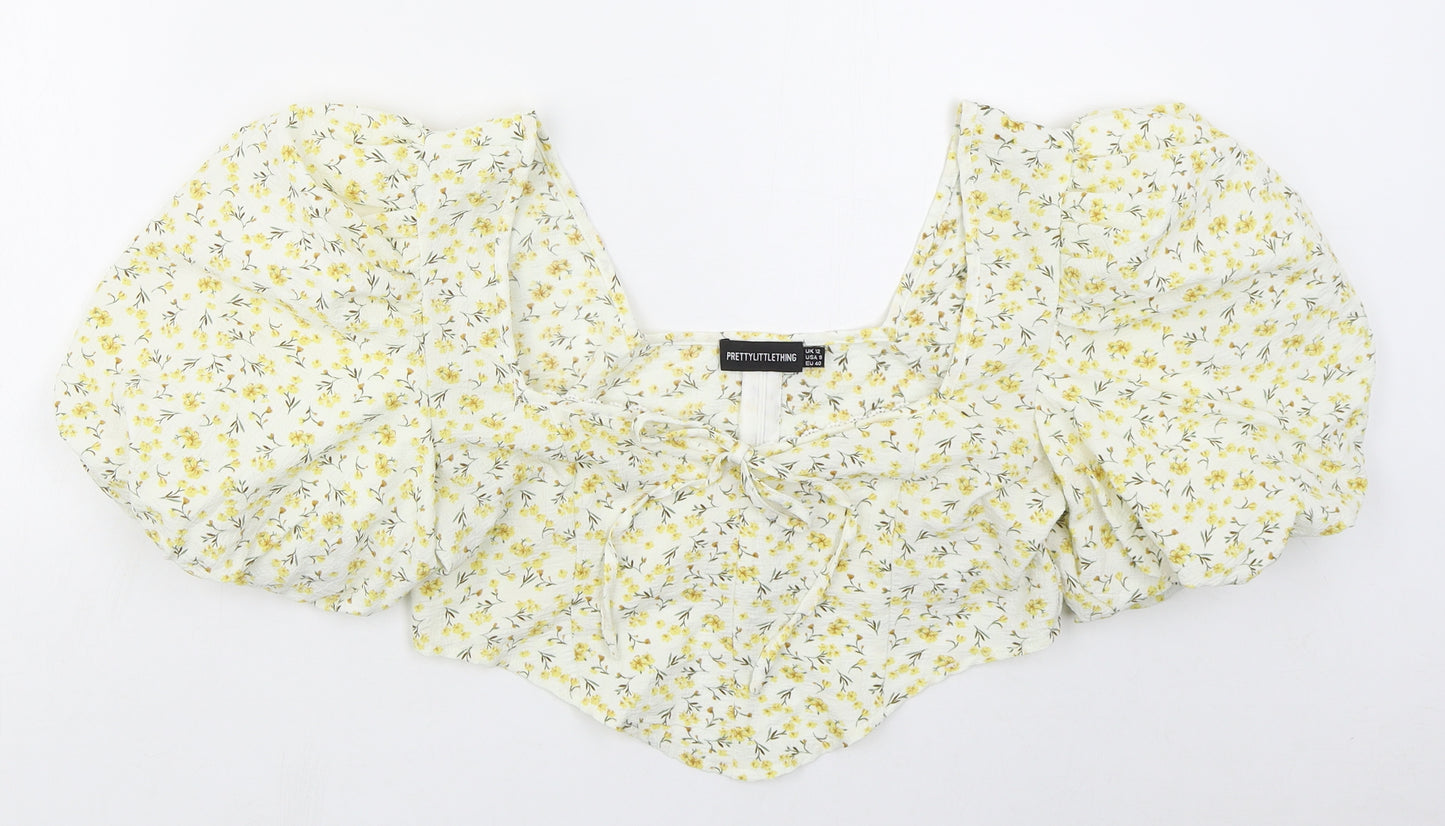 PRETTYLITTLETHING Womens Yellow Floral Polyester Cropped Blouse Size 12 Square Neck