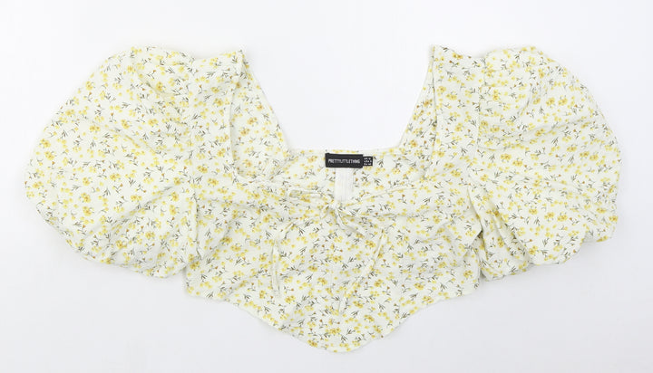 PRETTYLITTLETHING Womens Yellow Floral Polyester Cropped Blouse Size 12 Square Neck
