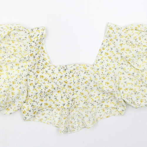 PRETTYLITTLETHING Womens Yellow Floral Polyester Cropped Blouse Size 12 Square Neck