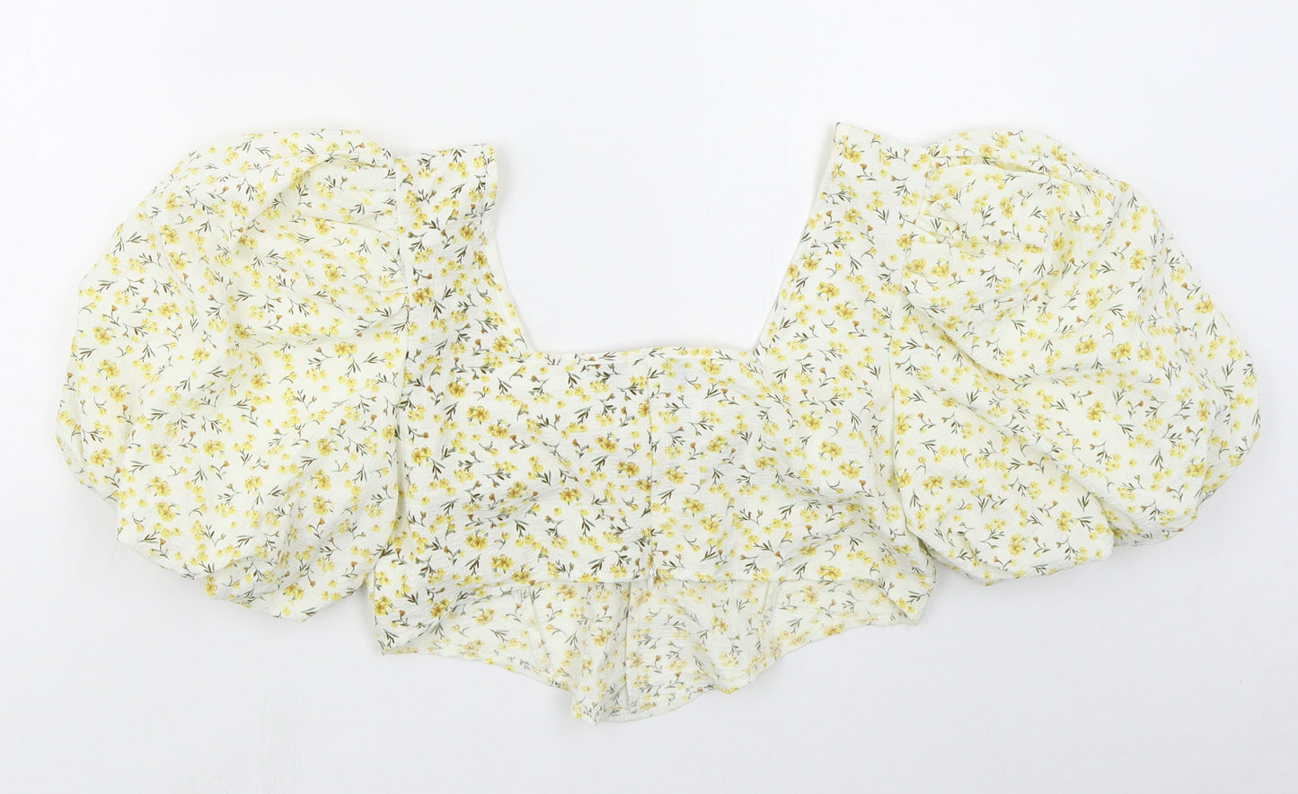 PRETTYLITTLETHING Womens Yellow Floral Polyester Cropped Blouse Size 12 Square Neck