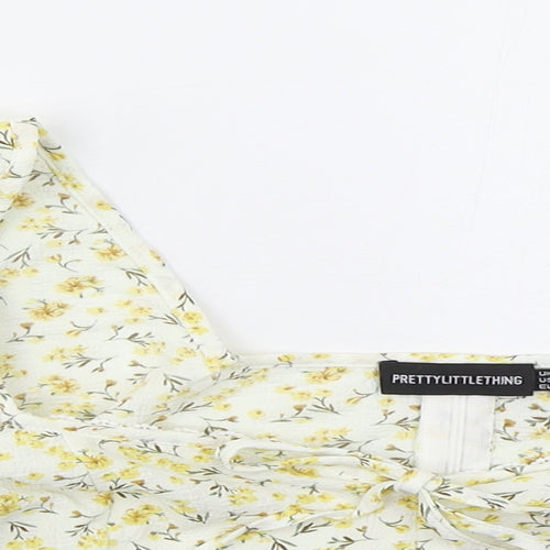 PRETTYLITTLETHING Womens Yellow Floral Polyester Cropped Blouse Size 12 Square Neck