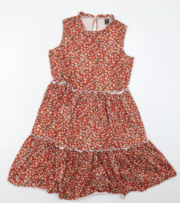 SheIn Womens Red Floral Polyester A-Line Size S Round Neck Button