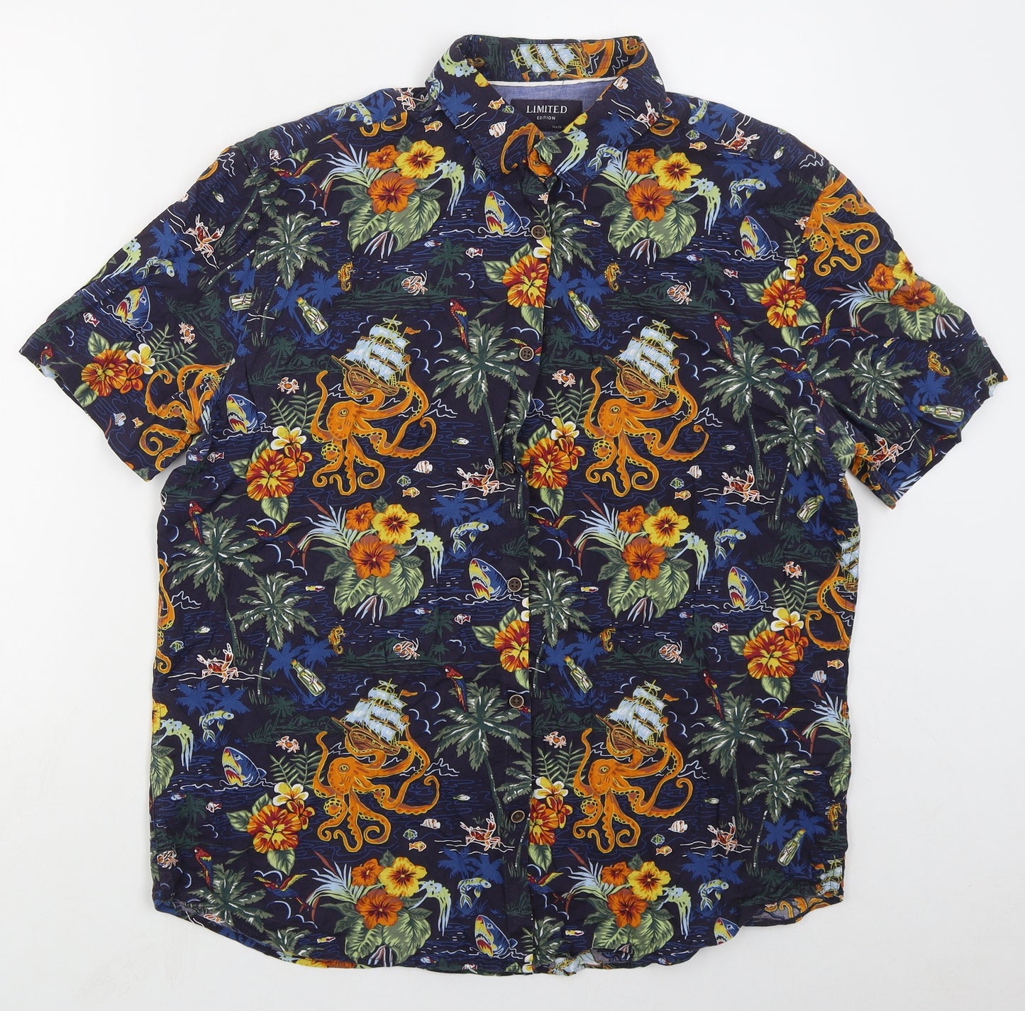 Marks and Spencer Mens Blue  Cotton  Button-Up Size L Collared Button - Sharks Octopus BOats
