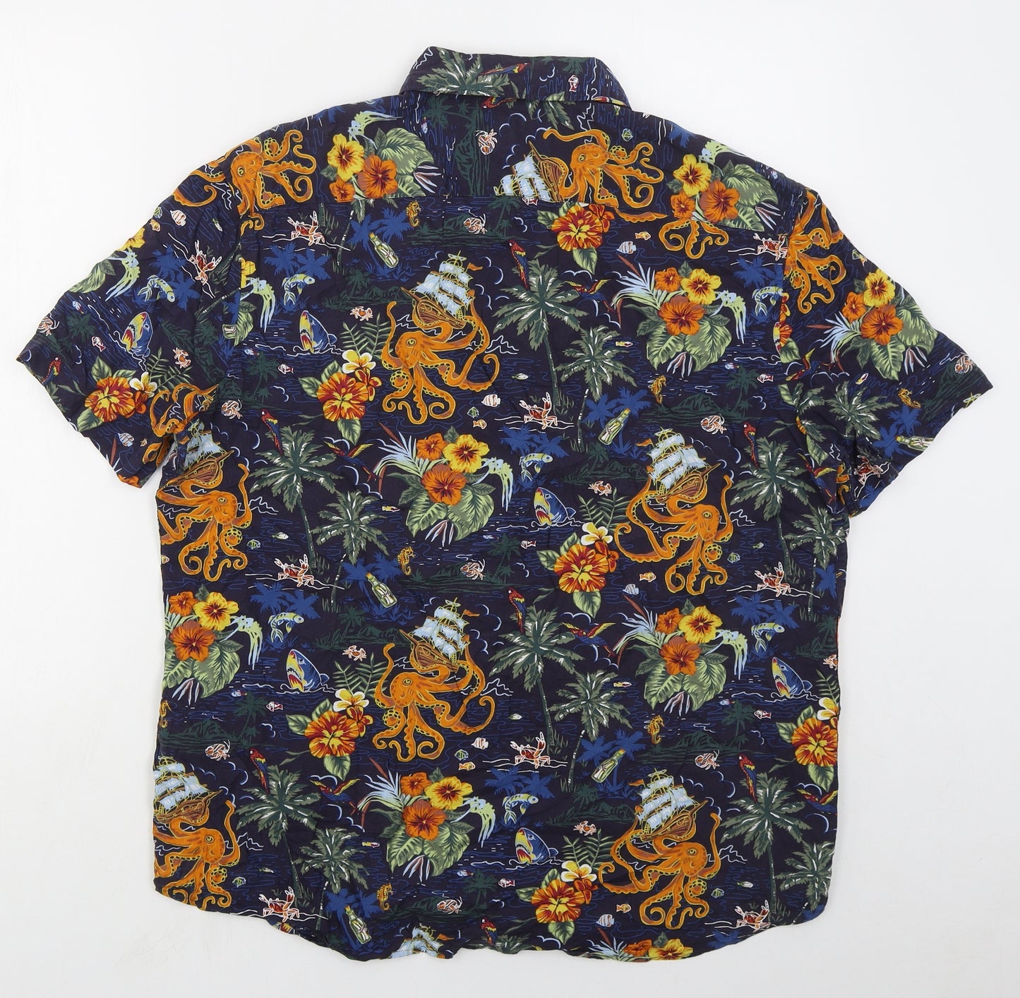 Marks and Spencer Mens Blue  Cotton  Button-Up Size L Collared Button - Sharks Octopus BOats