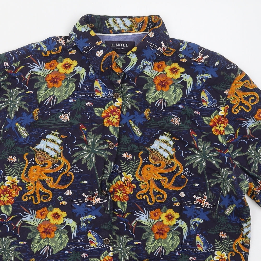 Marks and Spencer Mens Blue  Cotton  Button-Up Size L Collared Button - Sharks Octopus BOats
