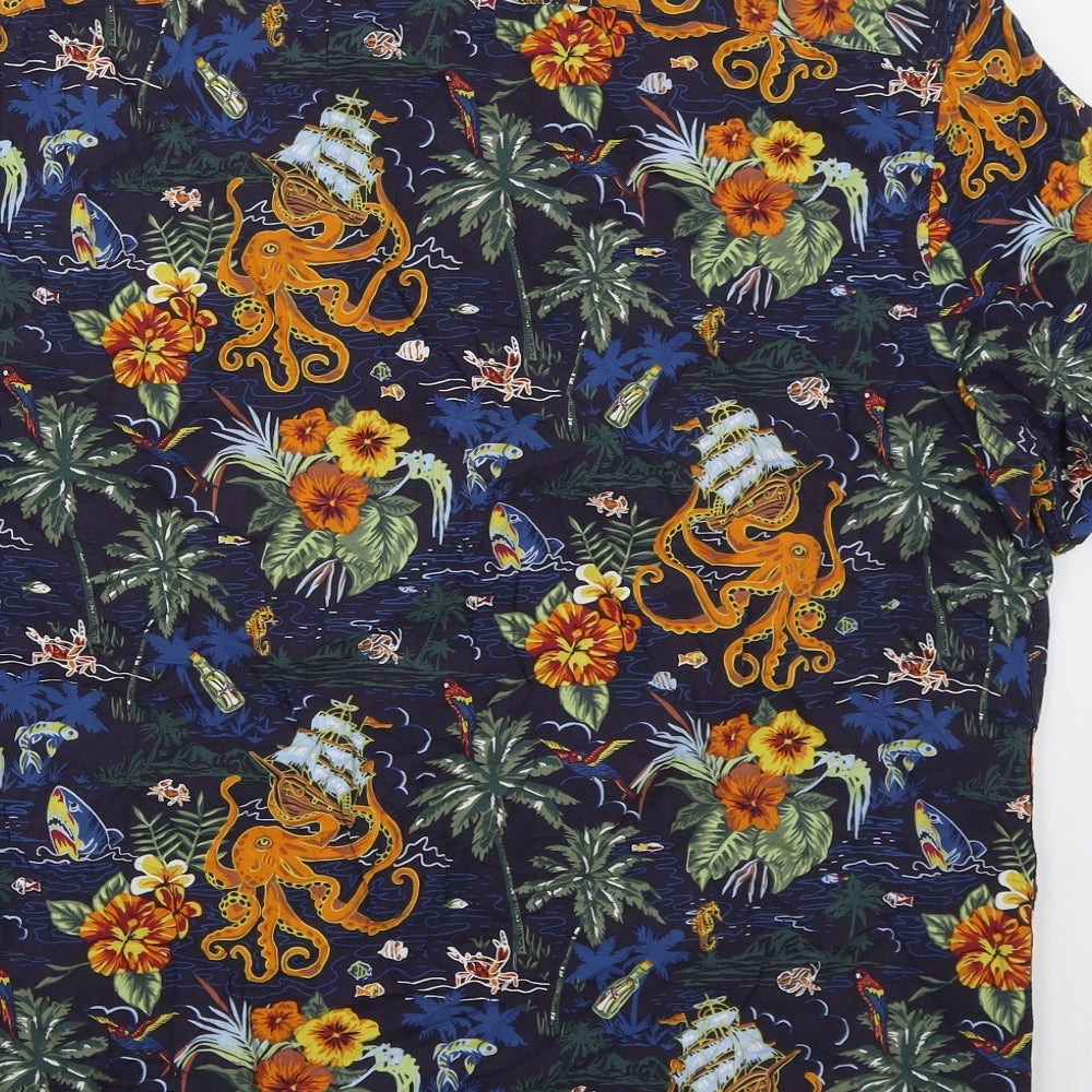 Marks and Spencer Mens Blue  Cotton  Button-Up Size L Collared Button - Sharks Octopus BOats