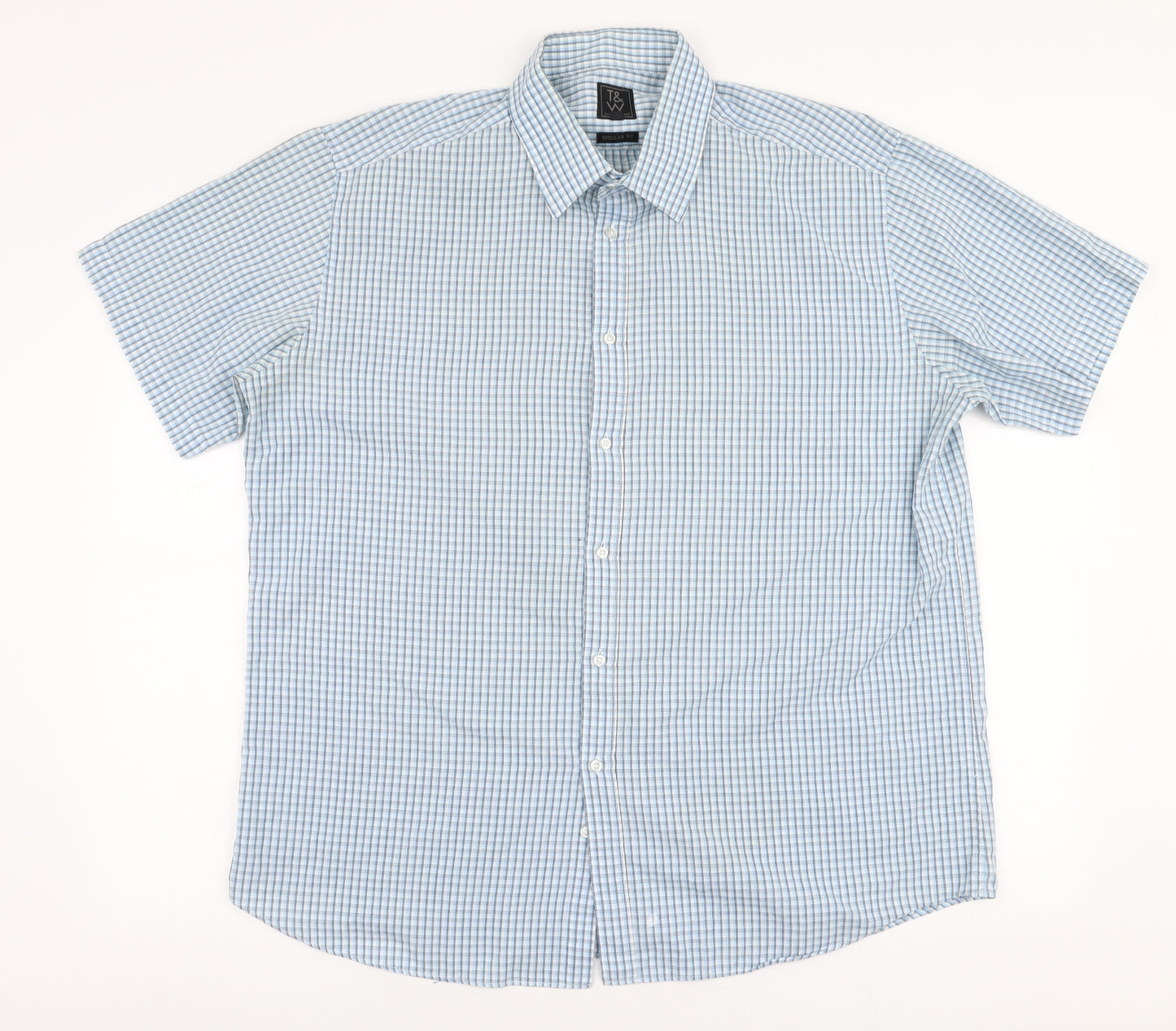 Taylor & Wright Mens Blue Check Polyester  Button-Up Size 17.5 Collared Button