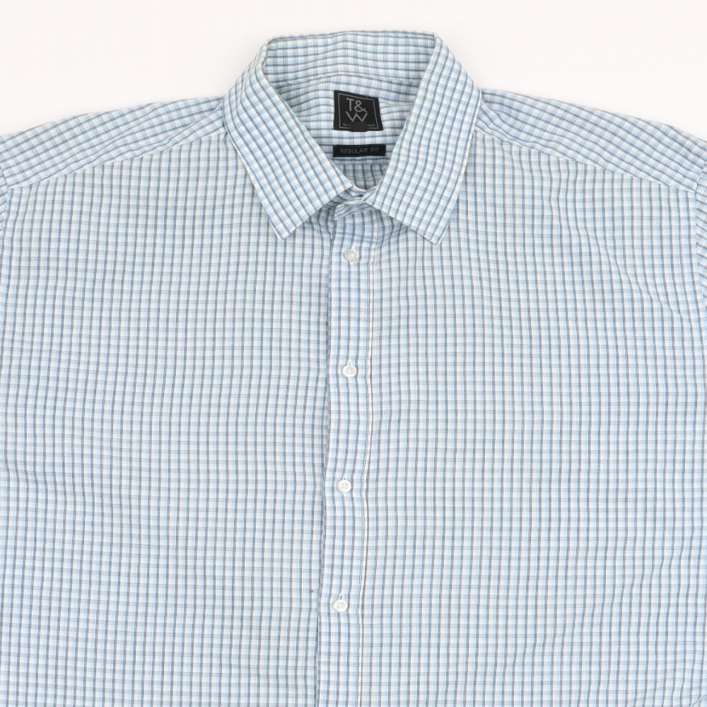 Taylor & Wright Mens Blue Check Polyester  Button-Up Size 17.5 Collared Button