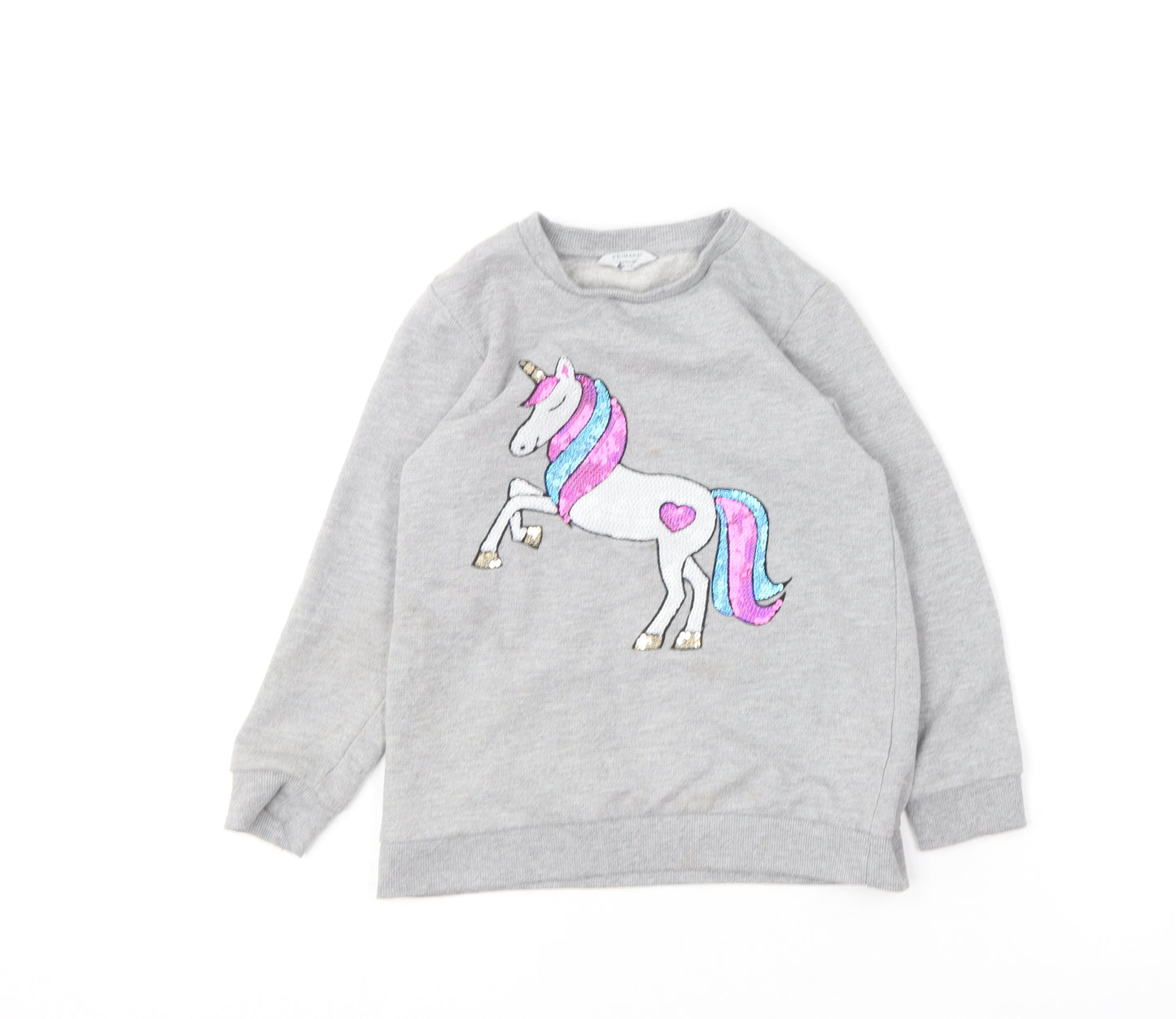 Primark Girls Grey Round Neck  Polyester Pullover Jumper Size 7-8 Years   - Unicorn