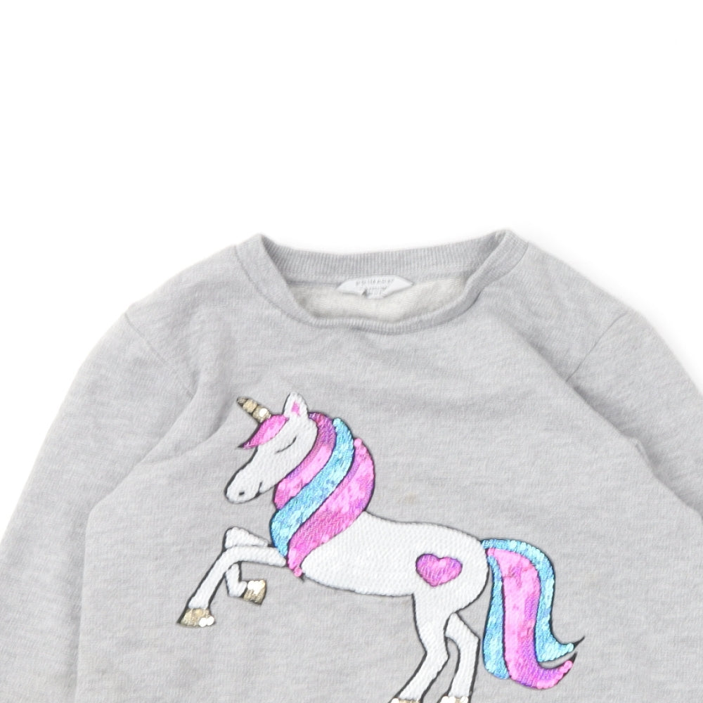 Primark Girls Grey Round Neck  Polyester Pullover Jumper Size 7-8 Years   - Unicorn