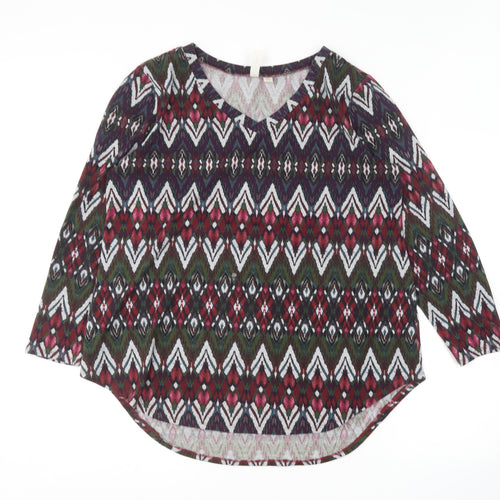 Tacera Womens Multicoloured V-Neck Geometric Polyester Pullover Jumper Size XL