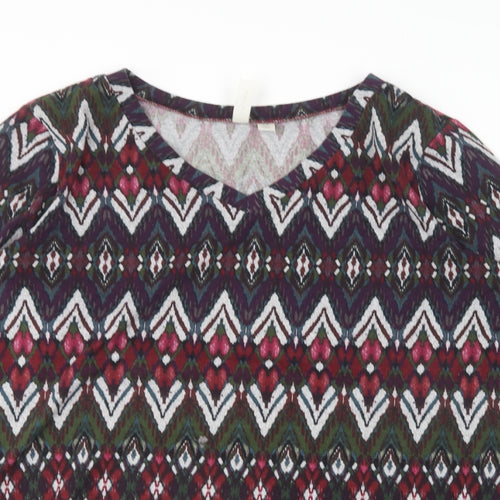 Tacera Womens Multicoloured V-Neck Geometric Polyester Pullover Jumper Size XL