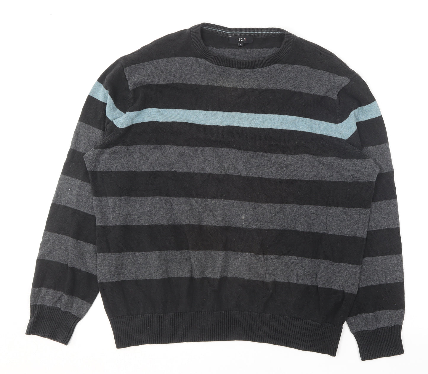 Thomas Nash Mens Grey Round Neck Striped Cotton Pullover Jumper Size L