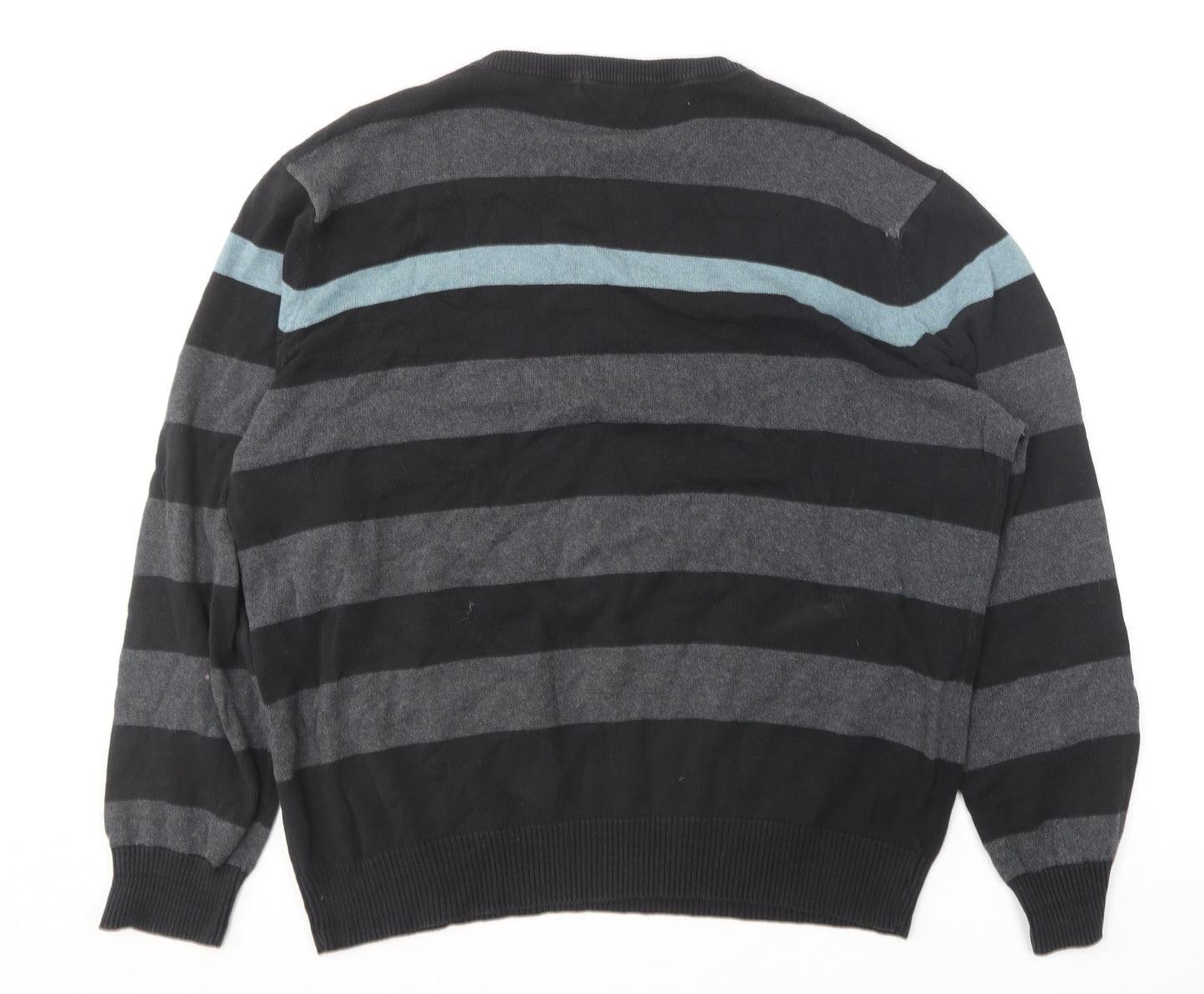Thomas Nash Mens Grey Round Neck Striped Cotton Pullover Jumper Size L