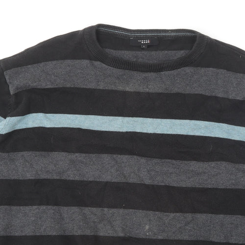 Thomas Nash Mens Grey Round Neck Striped Cotton Pullover Jumper Size L