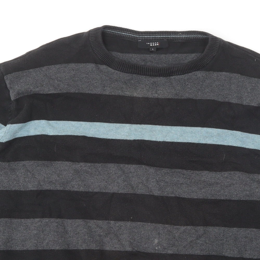 Thomas Nash Mens Grey Round Neck Striped Cotton Pullover Jumper Size L