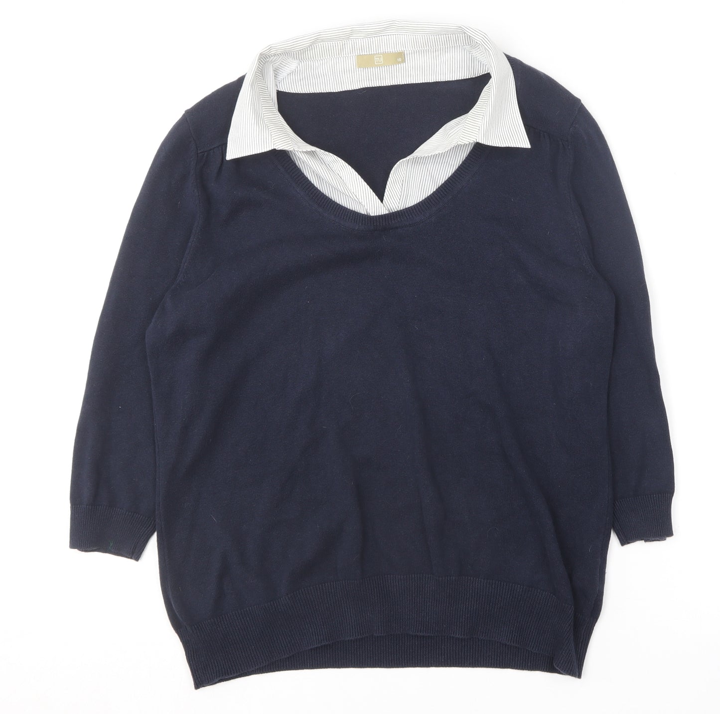 TU Womens Blue Collared  Cotton Pullover Jumper Size 16