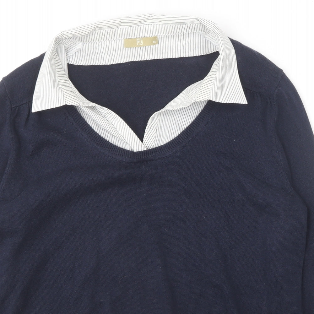 TU Womens Blue Collared  Cotton Pullover Jumper Size 16