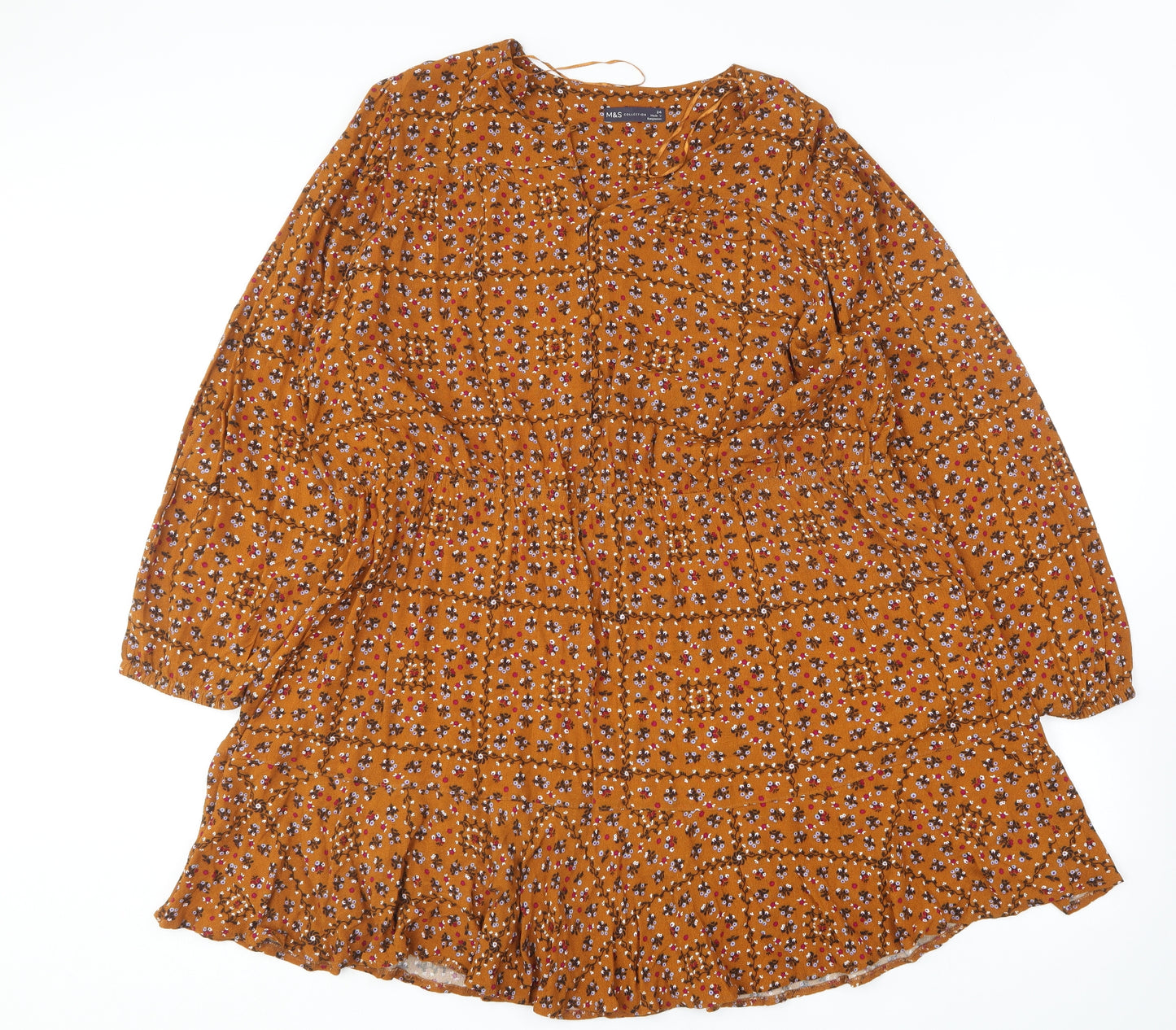 Marks and Spencer Womens Brown Floral Cotton Skater Dress  Size 24  Round Neck