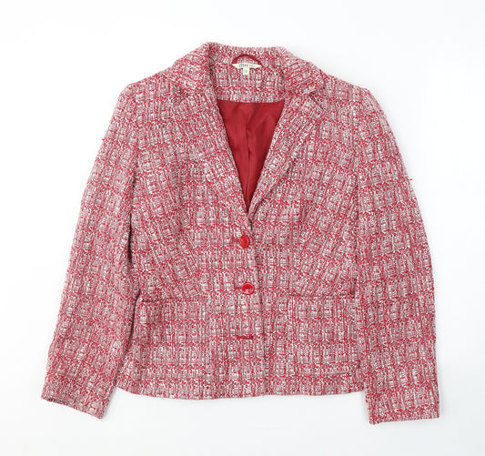 Front view of Mackyes women’s red geometric polyester jacket suit jacket, size UK 10