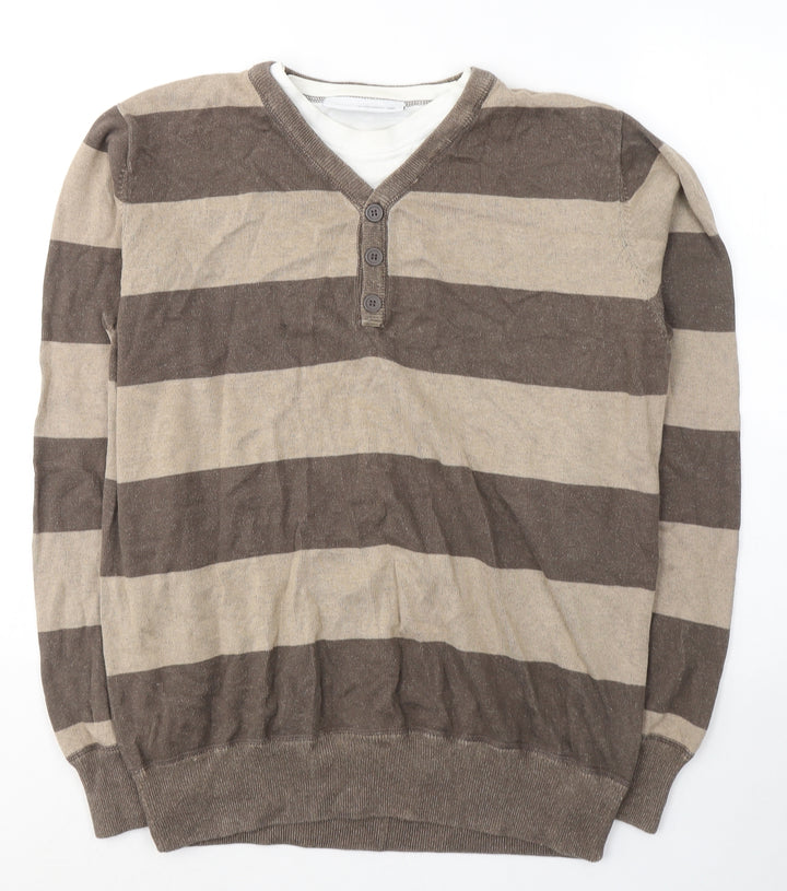 Burton Mens Beige V-Neck Cotton Pullover Jumper Size L