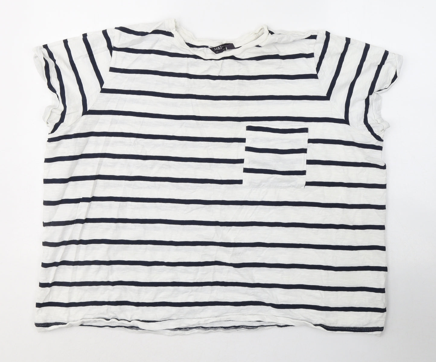 Marks and Spencer Womens White Striped Cotton Basic T-Shirt Size 22 Round Neck