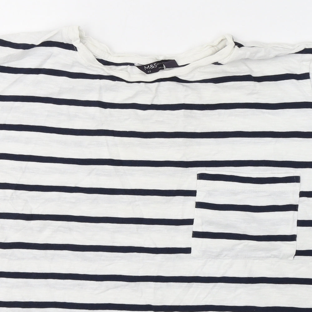 Marks and Spencer Womens White Striped Cotton Basic T-Shirt Size 22 Round Neck