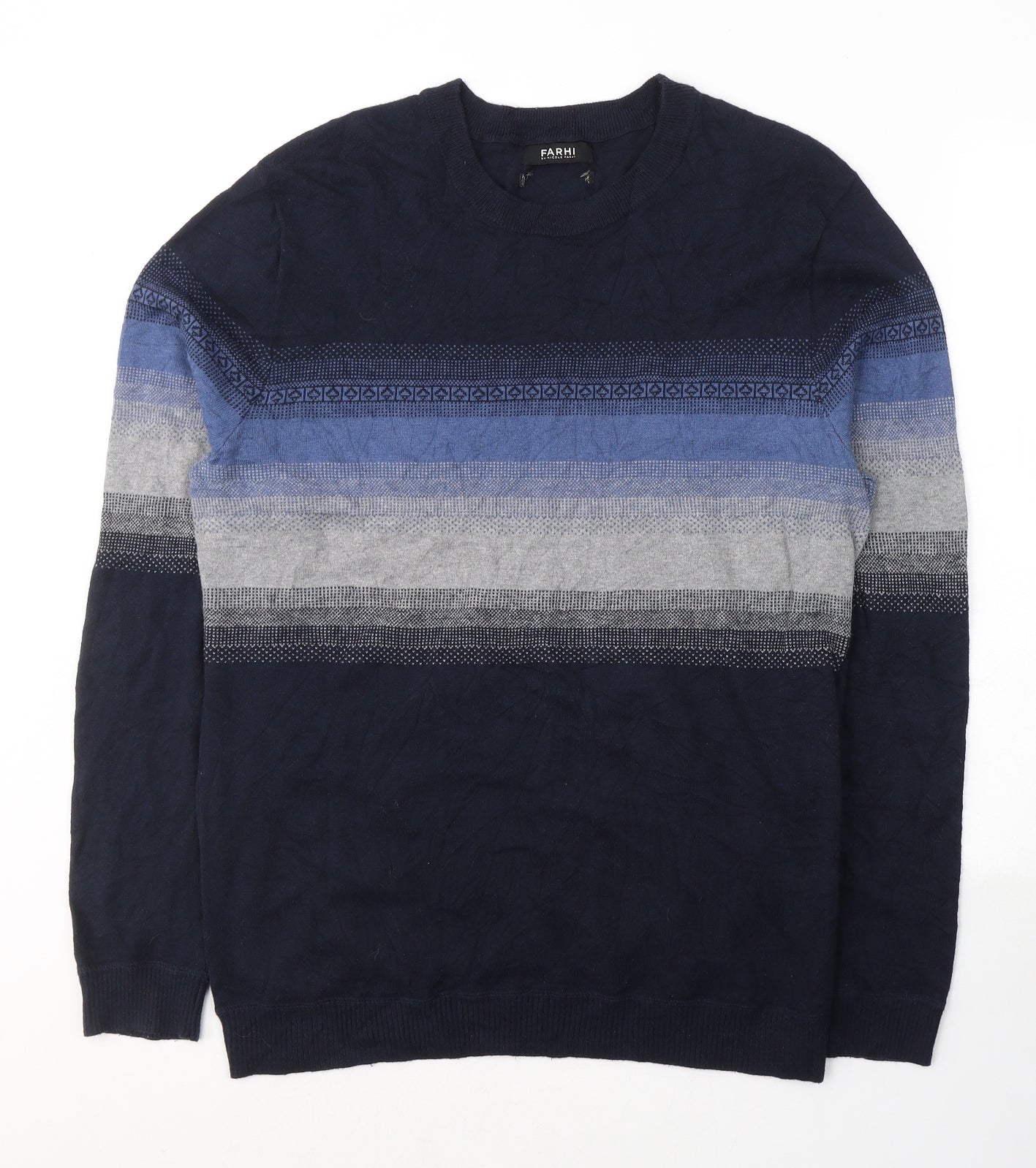 Farah Mens Blue Round Neck Fair Isle Viscose Pullover Jumper Size M