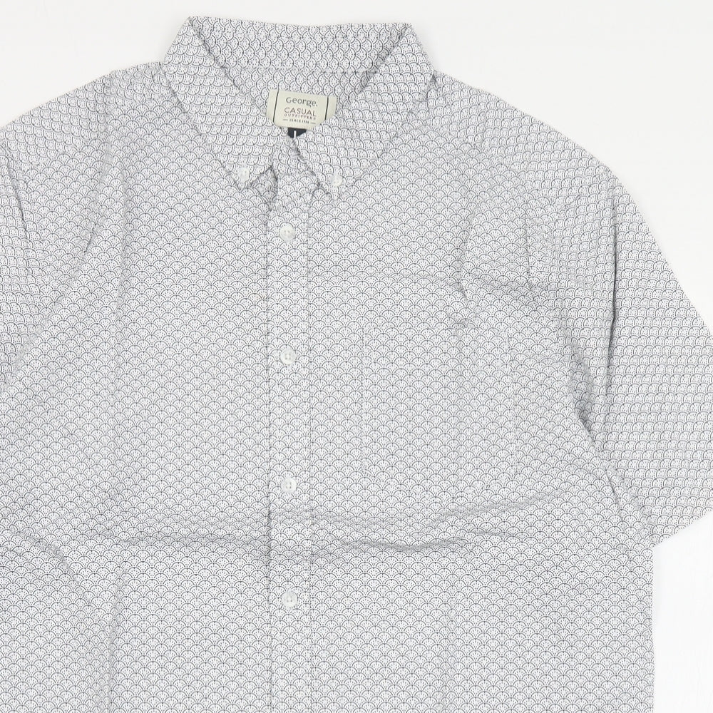 George Mens Black Geometric Cotton  Button-Up Size L Collared Button