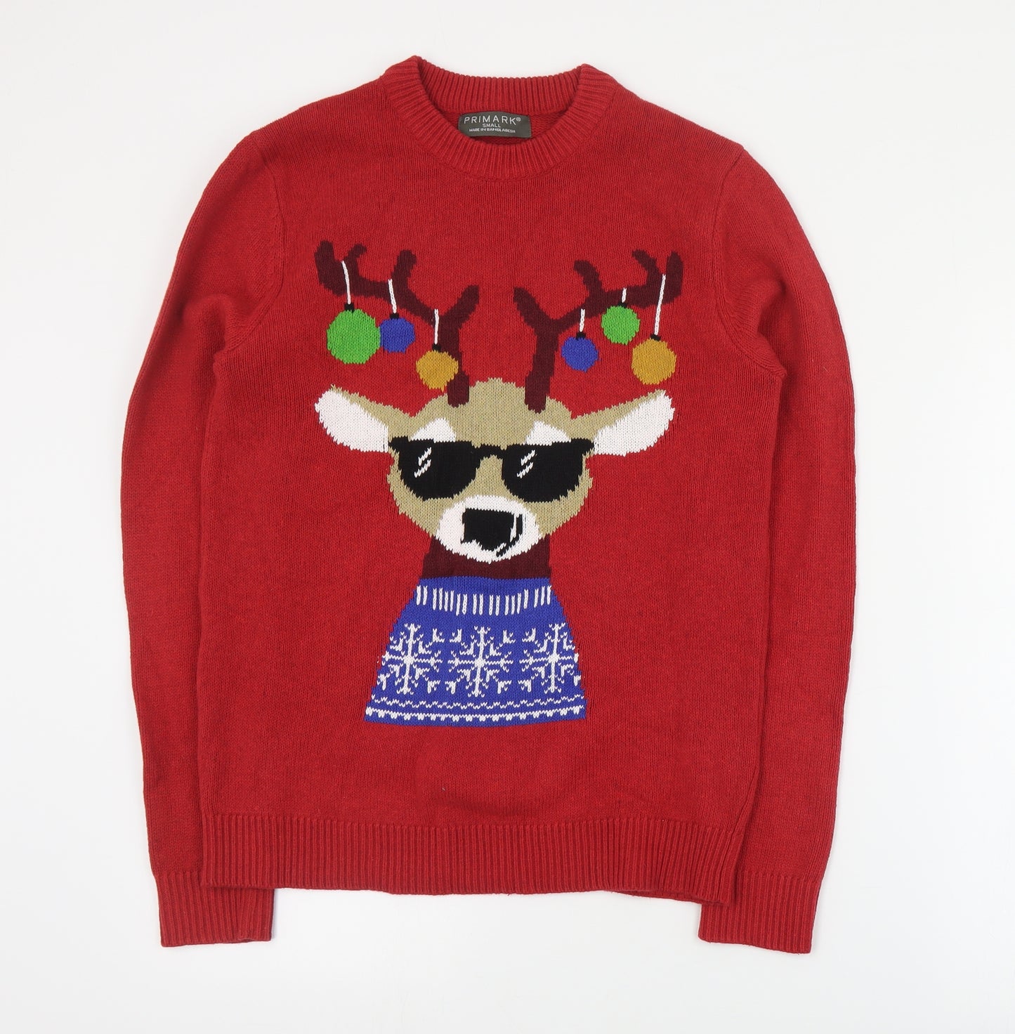 Primark Womens Red Round Neck  Cotton Pullover Jumper Size S   - Christmas