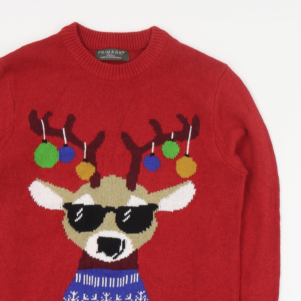 Primark Womens Red Round Neck  Cotton Pullover Jumper Size S   - Christmas